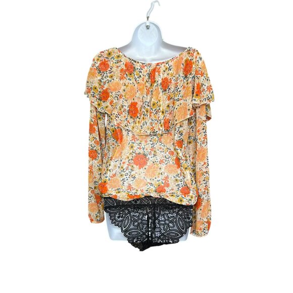 Intimately Free People Orange Floral Ruffle Bodysuit Blouse - Picture 5 of 7